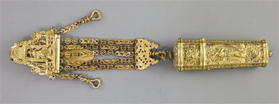An 18th century English neo-classical gilt metal chatelaine with etui case